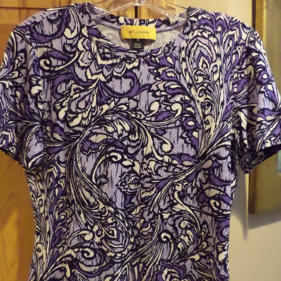 St. John Shell Blouse Shirt~Black, Shades of Purple+White~Short Sleeves - Medium - Picture 1 of 10